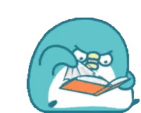 A Cartoon Penguin Is Reading A Book And Holding A Piece Of Paper Sticker