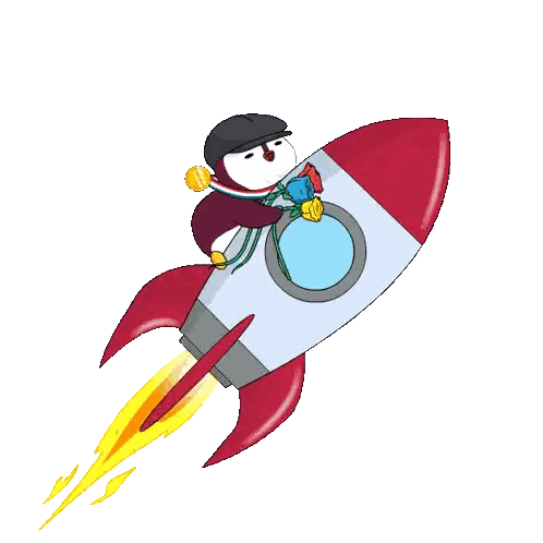 A Cartoon Penguin Is Riding A Rocket With A Flower In His Mouth Sticker