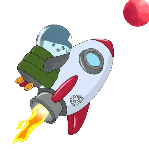 A Cartoon Penguin Is Riding A Rocket With A Red Tail Sticker