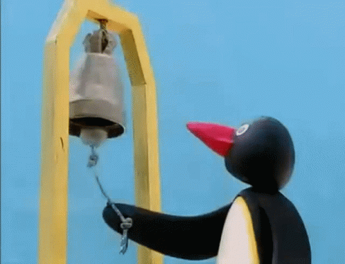 A Cartoon Penguin Is Ringing A Bell With A Rope Attached To It . GIF