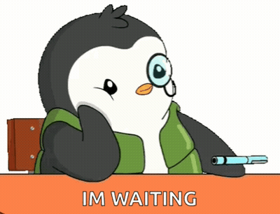A Cartoon Penguin Is Sitting At A Desk With The Words Im Waiting Below Him GIF