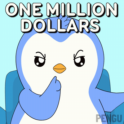 A Cartoon Penguin Is Sitting In A Chair With The Words One Million Dollars Above It GIF