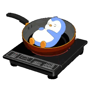 A Cartoon Penguin Is Sitting In A Frying Pan On A Stove Sticker