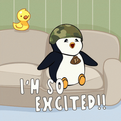 A Cartoon Penguin Is Sitting On A Couch With The Words I 'M So Excited GIF