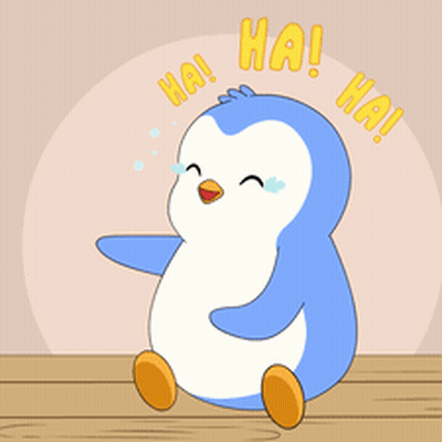 A Cartoon Penguin Is Sitting On A Wooden Table And Laughing With The Words Ha ! Ha ! Surrounding It GIF