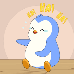 A Cartoon Penguin Is Sitting On A Wooden Table With The Words Ha ! Ha ! Surrounding Him GIF