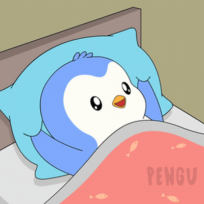 A Cartoon Penguin Is Sleeping In A Bed With The Word Pengu On The Bottom GIF