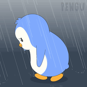 A Cartoon Penguin Is Standing In The Rain With The Word Pengw Behind It GIF