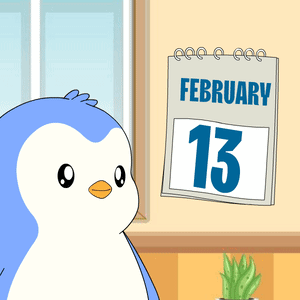 A Cartoon Penguin Is Standing Next To A Calendar That Says February 13 GIF