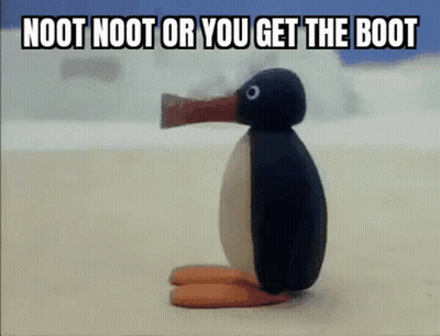 A Cartoon Penguin Is Standing On A Beach With The Words Noot Noot Or You Get The Boot . GIF