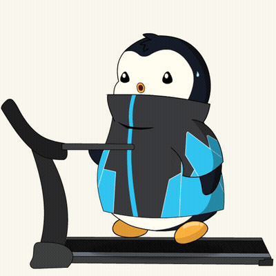 A Cartoon Penguin Is Walking On A Treadmill With A Hockey Stick In Its Mouth GIF
