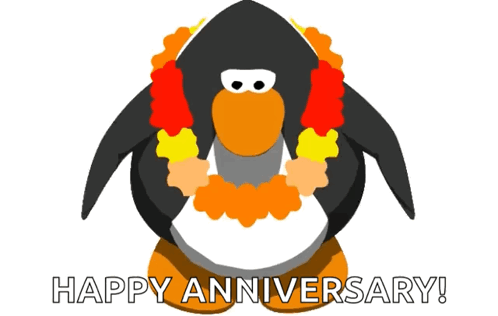 A Cartoon Penguin Is Wearing A Lei And The Words Happy Anniversary GIF