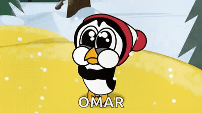 A Cartoon Penguin Is Wearing A Red Hat And Scarf In The Snow . GIF