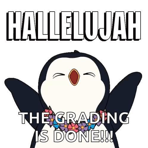 A Cartoon Penguin Says Hallelujah The Grading Is Done !! GIF