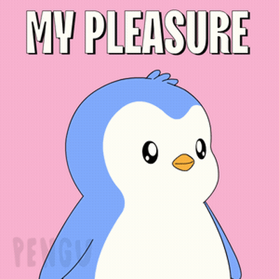 A Cartoon Penguin Says " My Pleasure " In White Letters GIF