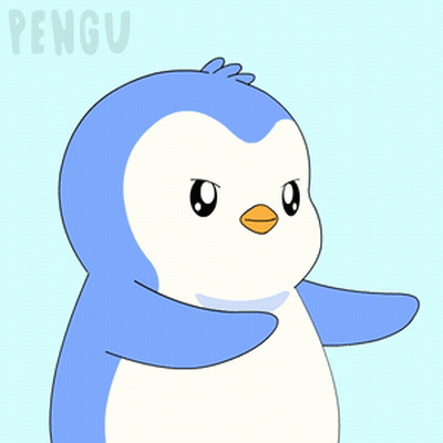 A Cartoon Penguin Says " No " In White Letters On A Blue Background GIF