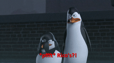 A Cartoon Penguin Says " Pfft Rico 'S " In Red Text GIF