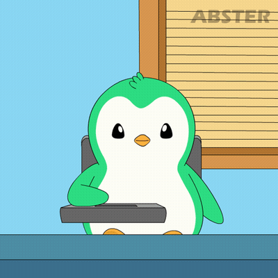 A Cartoon Penguin Sits At A Desk In Front Of A Window With The Word Abster On It GIF