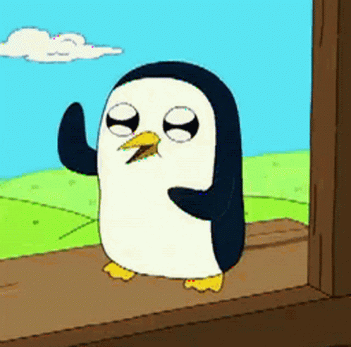 A Cartoon Penguin Standing On A Wooden Fence GIF