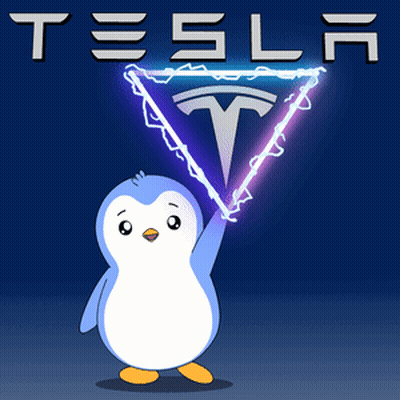 A Cartoon Penguin Stands In Front Of A Tesla Logo GIF