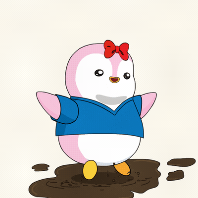 A Cartoon Penguin Wearing A Blue Shirt And A Red Bow Is Jumping Into A Puddle Of Mud GIF