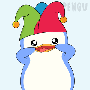 A Cartoon Penguin Wearing A Colorful Jester Hat With The Word Pengu On The Bottom GIF