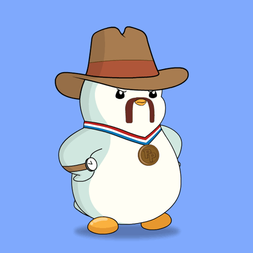 A Cartoon Penguin Wearing A Cowboy Hat And A Medal That Says Ip On It GIF