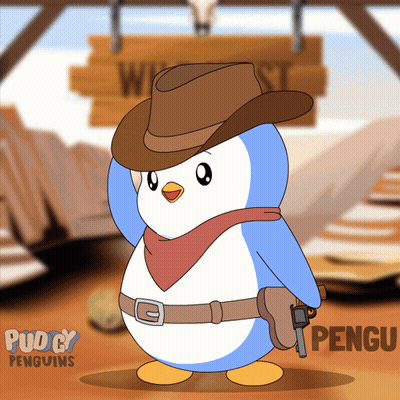 A Cartoon Penguin Wearing A Cowboy Hat And Holding A Gun GIF