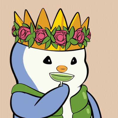 A Cartoon Penguin Wearing A Crown And Holding A Drink GIF
