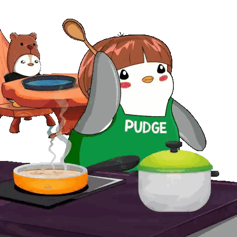 A Cartoon Penguin Wearing A Green Apron With The Word Pudge On It Sticker