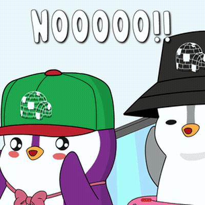 A Cartoon Penguin Wearing A Green Hat And A Black Hat With The Word Nooooo On It GIF