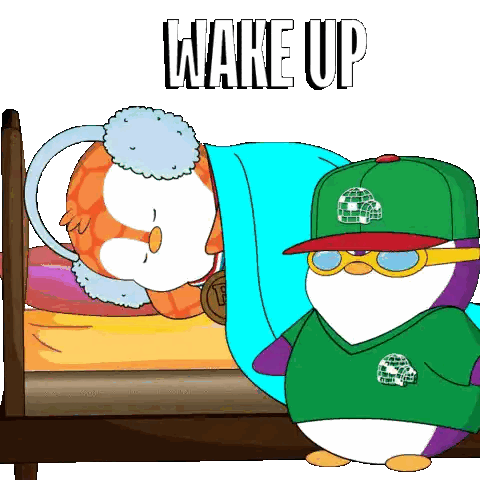 A Cartoon Penguin Wearing A Green Shirt That Says Wake Up Stands Next To A Sleeping Owl Sticker
