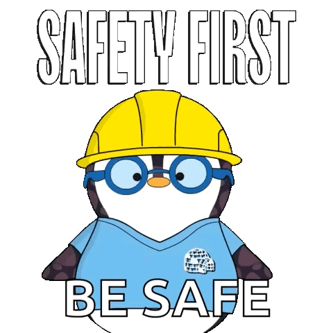 A Cartoon Penguin Wearing A Hard Hat Says Safety First Be Safe GIF
