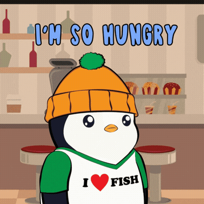 A Cartoon Penguin Wearing A Hat And A Shirt That Says I Love Fish GIF