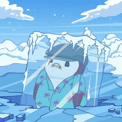 A Cartoon Penguin Wearing A Hat And A Shirt With Palm Trees On It GIF