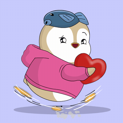 A Cartoon Penguin Wearing A Pink Hoodie And Holding A Red Heart GIF