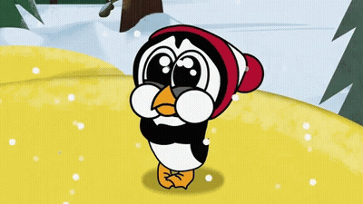 A Cartoon Penguin Wearing A Red And White Hat Is Standing In The Snow GIF