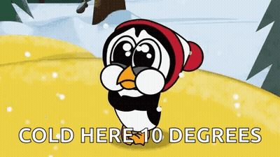 A Cartoon Penguin Wearing A Red Hat And Glasses Is Standing In The Snow And Says `` Cold Here 10 Degrees '' . GIF