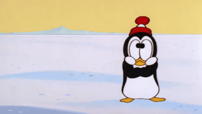 A Cartoon Penguin Wearing A Red Hat Stands In The Snow GIF