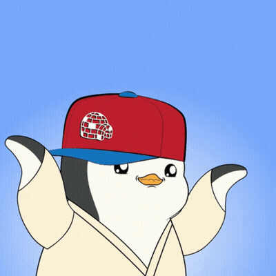A Cartoon Penguin Wearing A Red Hat With A Brick House On It GIF