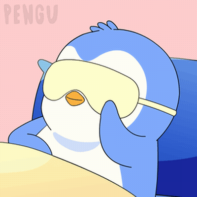 A Cartoon Penguin Wearing A Sleep Mask With The Word Pengu Behind It GIF