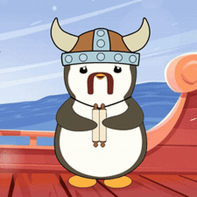 A Cartoon Penguin Wearing A Viking Hat And Holding A Scroll GIF