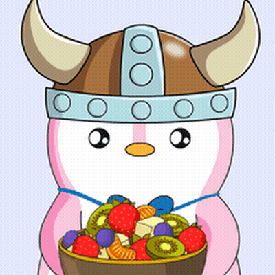 A Cartoon Penguin Wearing A Viking Helmet Holds A Bowl Of Fruit GIF