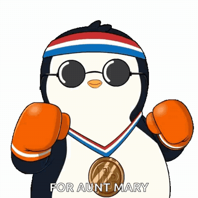 A Cartoon Penguin Wearing Boxing Gloves And A Medal With The Words For Aunt Mary Written On It GIF