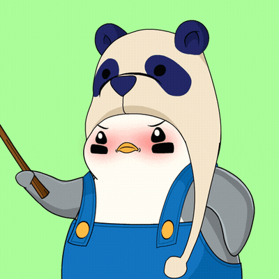 A Cartoon Penguin Wearing Overalls And A Panda Hat Holds A Stick GIF