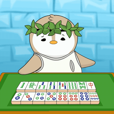 A Cartoon Penguin With A Laurel Wreath On His Head Playing Mahjong GIF