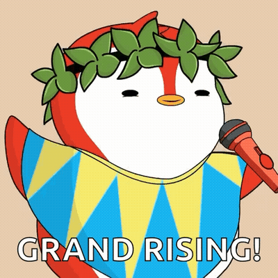 A Cartoon Penguin With A Laurel Wreath On Its Head Is Holding A Microphone And Says " Grand Rising " GIF
