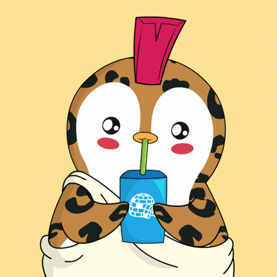 A Cartoon Penguin With A Mohawk Drinking From A Box With A Globe On It GIF