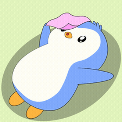A Cartoon Penguin With A Pink Hat On Its Head GIF