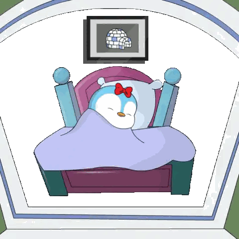 A Cartoon Penguin With A Red Bow On Its Head Is Sleeping In A Bed Sticker